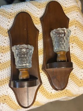 Vintage Mid-Century Wooden Wall Sconces with Glass Shades - Pair